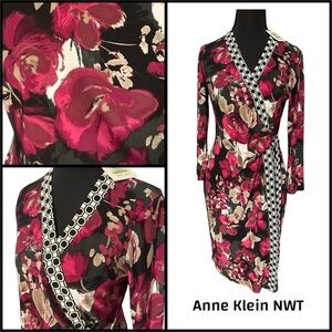 NWT Anne Klein Gorgeous Floral Wrap Dress with Geometric Neckline & Tie